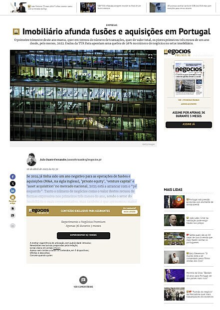 Imobilirio afunda fuses e aquisies em Portugal